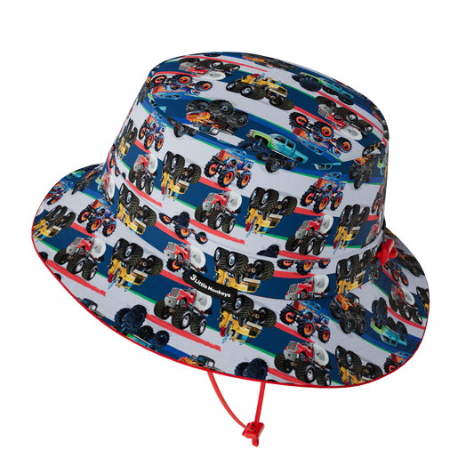 3 little monkey bucket sunhat - monster trucks